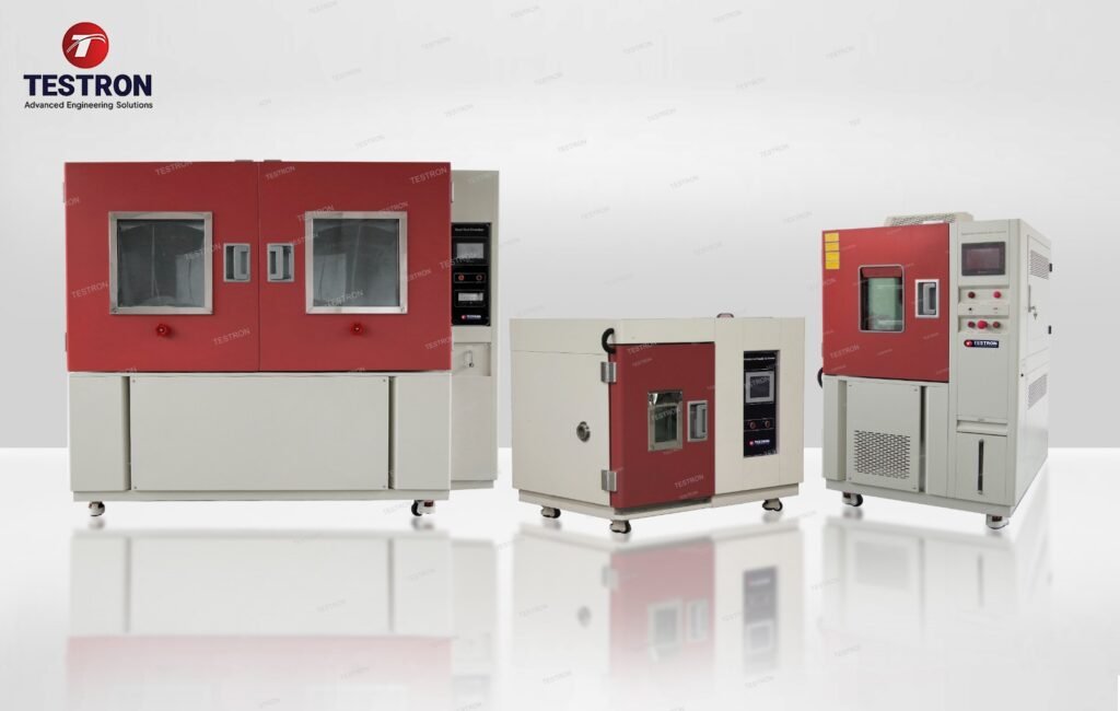 Environmental chambers used for quality control testing in temperature and humidity conditions.