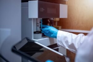 Scientist using an analytical instrument to test samples in a laboratory for research and quality control results